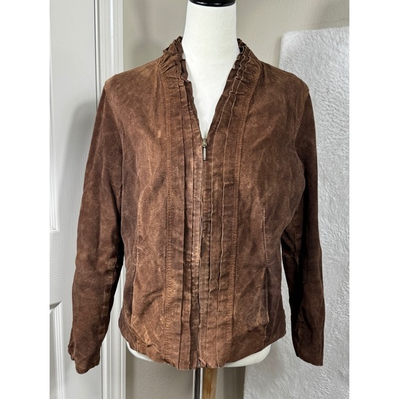 Chico's Genuine Leather Jacket Women's Size 2/L Brown Ruffle Collar Zip Up - Picture 1 of 9